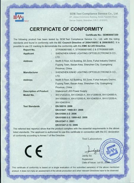 China Shenzhen Xinhe Lighting Optoelectronics Co., Ltd. Certificações